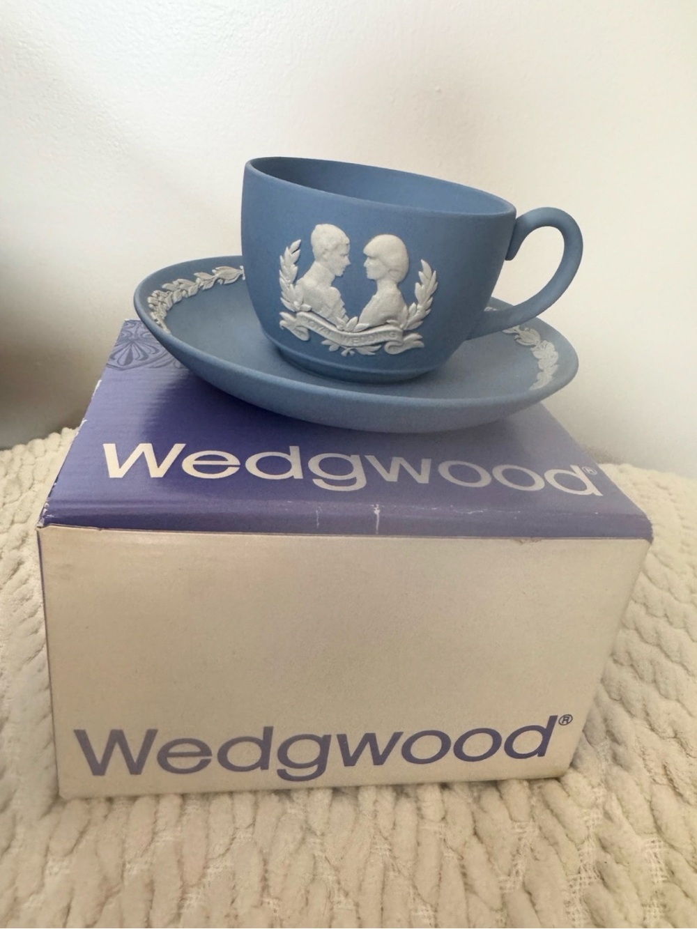 Wedgwood Blue Jasperware Teacup and Saucer with White Relief